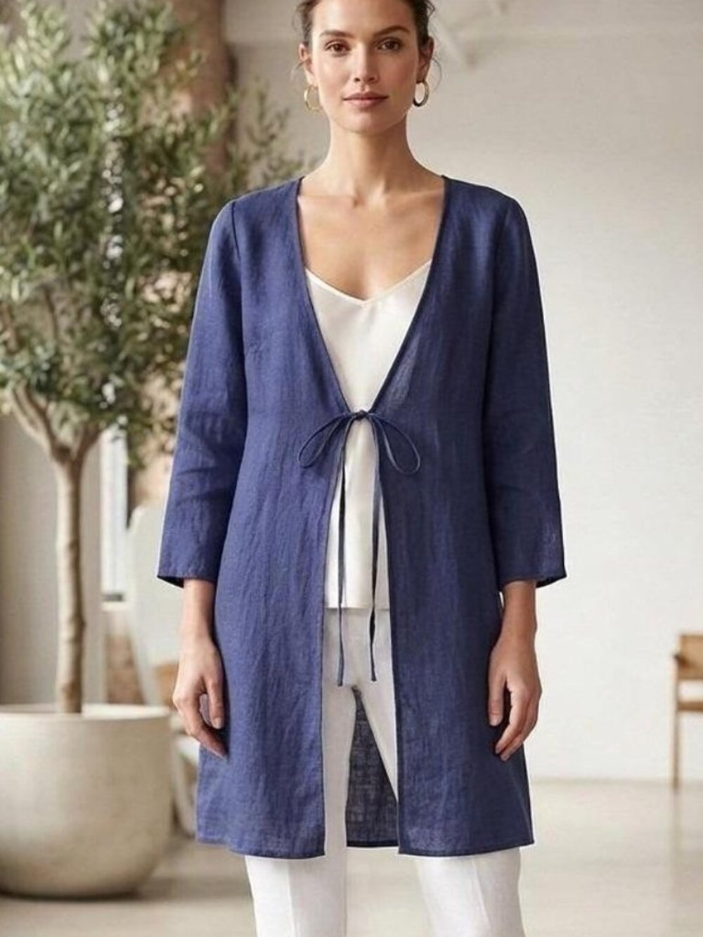 EILEEN FISHER Tie-Front Gauzy Organic Linen Duster/Jacket M Blue Sz XL